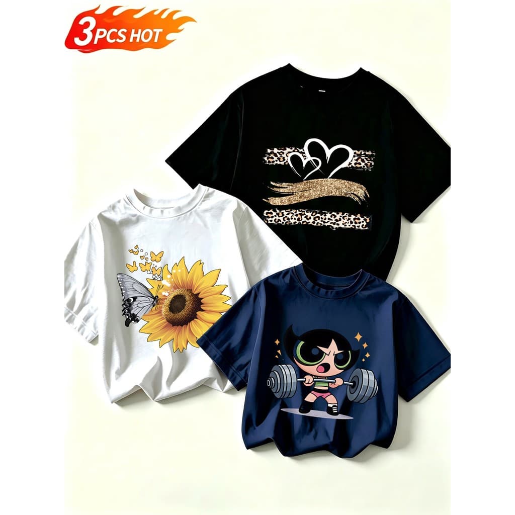 3pcs Camiseta de manga curta 100% algodão com estampa de girassol em estilo cartoon – modelo folgado, casual, para uso d