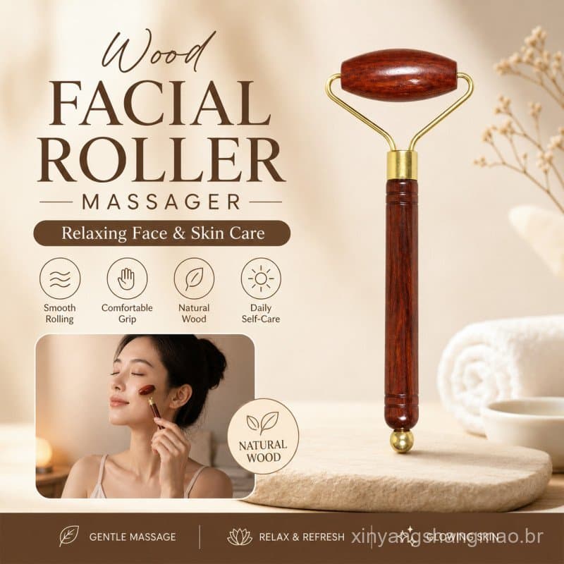 Rolo de Massagem Facial de Madeira de Pau-Rosa, Bastão de Acupressão, Massageador para Área dos Olhos e Rosto, Ferrament