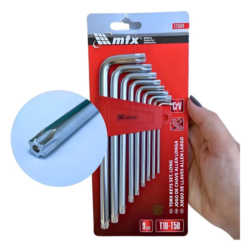 Jogo de Chaves Torx Longas MTX T10 a T50 c/9 Peças Ponta Abaulada Oficina