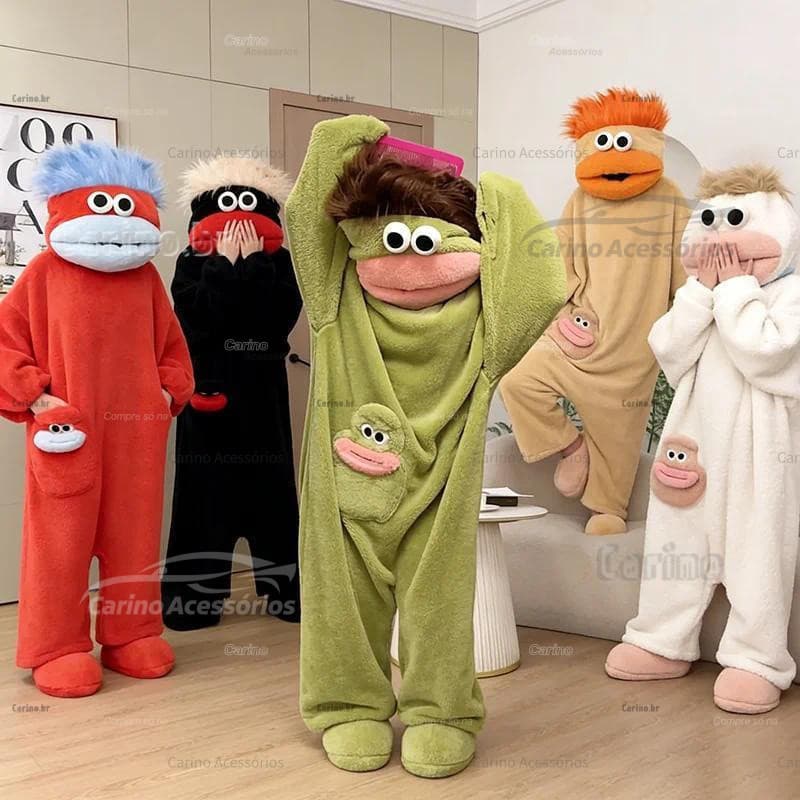 Macacão de Pijama Monstro Boca Grande Fofo, Fleece Coral Espesso, Design de Desenho Animado, Roupa de Casa Divertida par