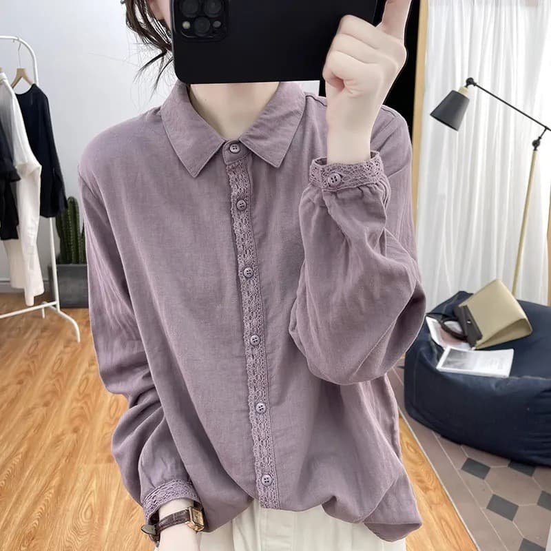 Camisa de linho de algodão feminina renda costura primavera verão novo estilo puro algodão manga longa solta topo femini