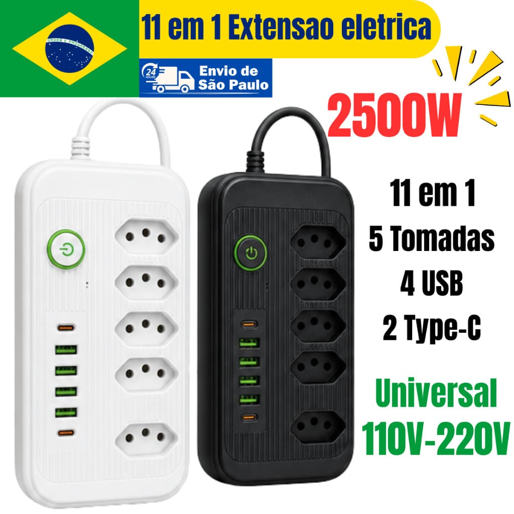 Extensão Elétrica 11 Em 1 2500W 4 USB 2 Type C Carregamento Rápido 5 Tomadas Cabo 2m