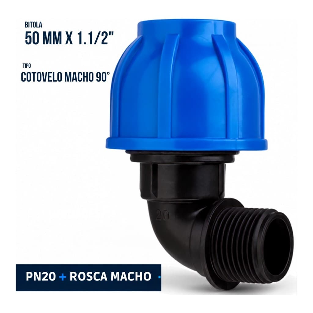 Cotovelo de Compressão PEAD 50mm x 1.1/2 PN 20 Pietrobon - Conexão 90° com Rosca Macho ou Fêmea para Tubo PEAD Água Fria