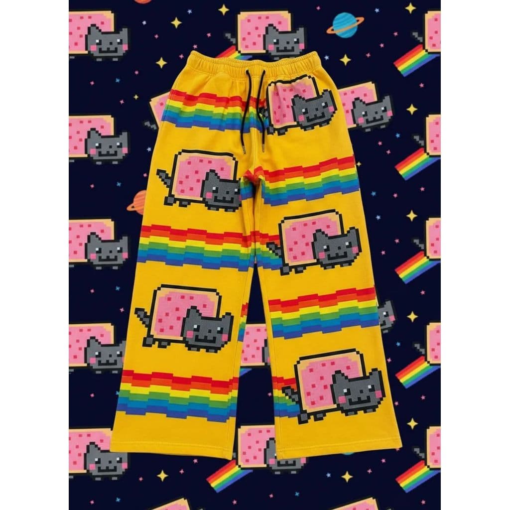 Y2k Amarelo Nyan Gato Hip Hop Baggy Cintura Elástica Sweatpants Harajuku Streetwear Joggings Roupas Casuais