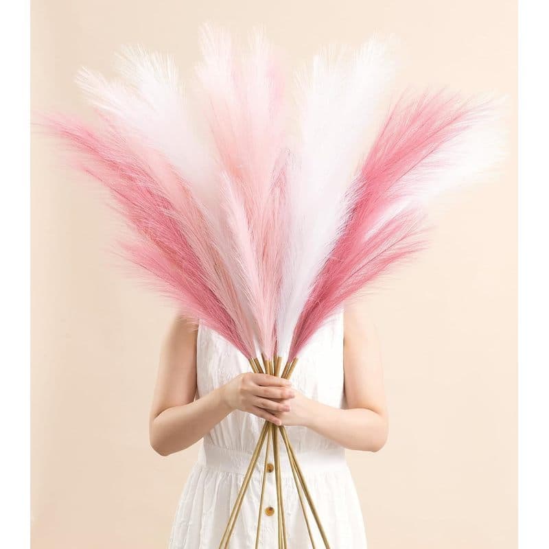 SeptCat 9 Peças 45 " Grama De Pampas Alto Rosa Branco Decoração Falsa Seca Fofa Longa Luz Pompas Hastes Pompos Artificia