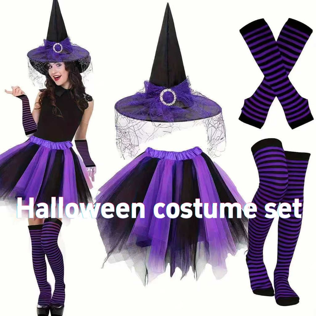 Novo terno de Halloween para festa de Halloween Chapéu de bruxa Pettiskirt Mangas Meias Conjunto de 3 peças Conjunto de
