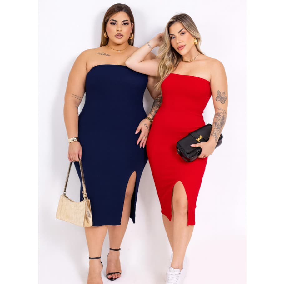 Vestido Tomara Que Caia  Canelado ribana Com  Bojo Com Fenda Midi Tubinho Modelador Slim Moda Feminina