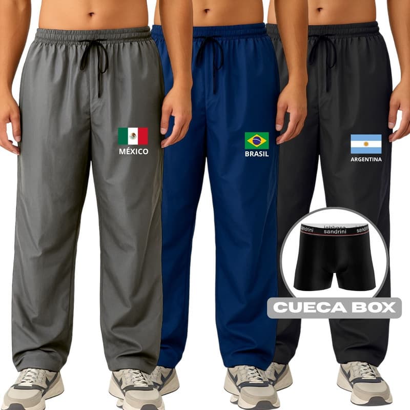 Kit Calça Masculina Tactel Esporte Time Futebol Copa do Mundo + Cueca Box Confortável