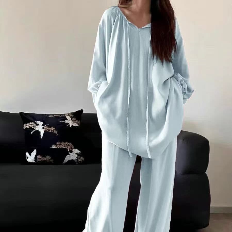 [JTZ] Conjunto de pijama feminino de tecido de seda de algodão respirável macio e adequado para a pele, novo terno simpl