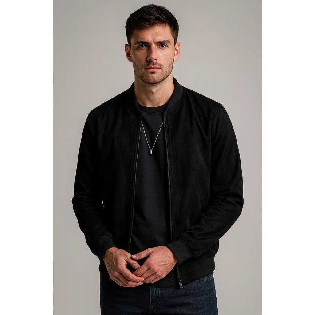 Jaqueta Bomber Suede Masculina Com Zíper Frontal E Bolso
