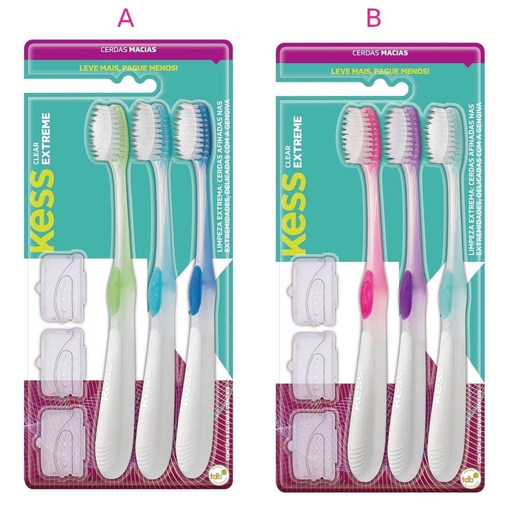Escova Dental Kess Clear Extreme | Kit 3 Unidades | Cerdas Macias e Finas | Limpeza Profunda 2101
