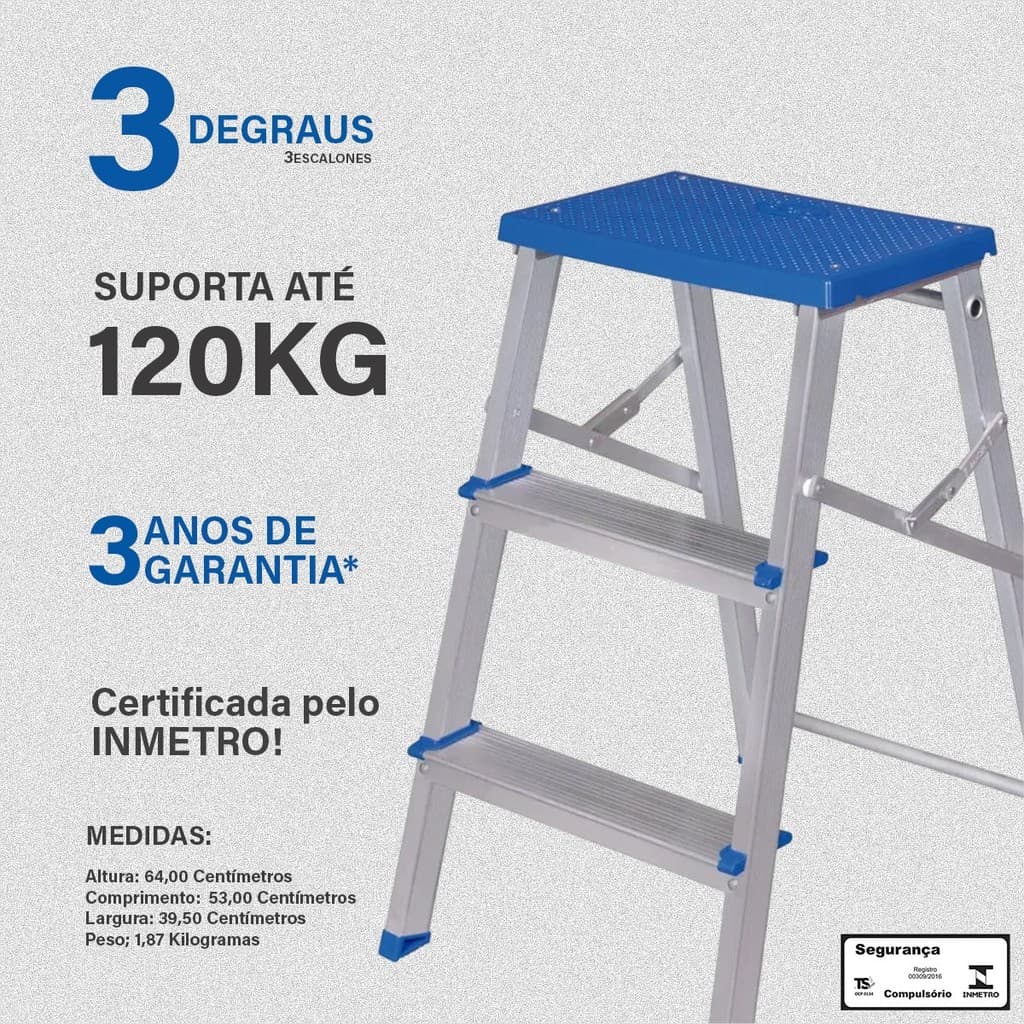 Escada Escadinha Banqueta Alumínio 3 Degraus MOR Resistente Domestica 120 kg
