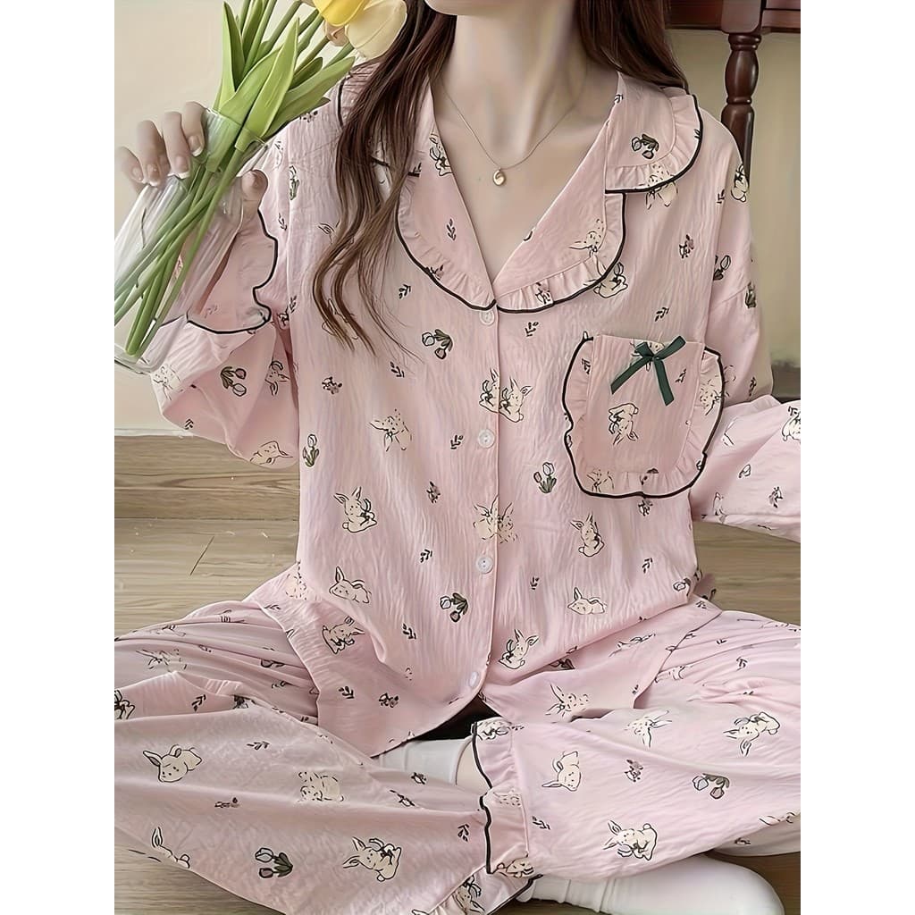 Conjunto de 2 peças de pijama feminino, Design com babados, estampa de coelho fofa de desenho animado, terno Casual simp