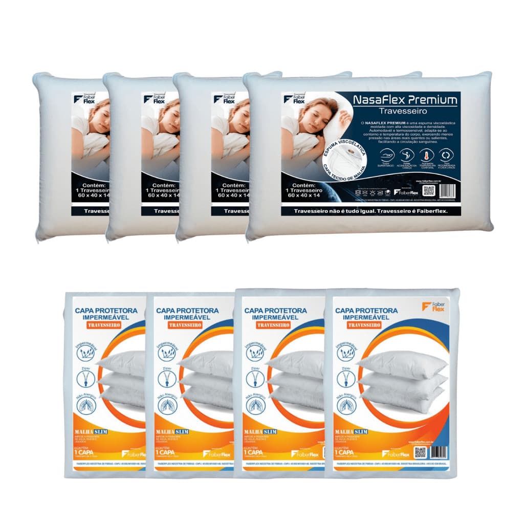 Kit Casal 4 Travesseiros Nasa Premium e 4 Capas Impermeáveis