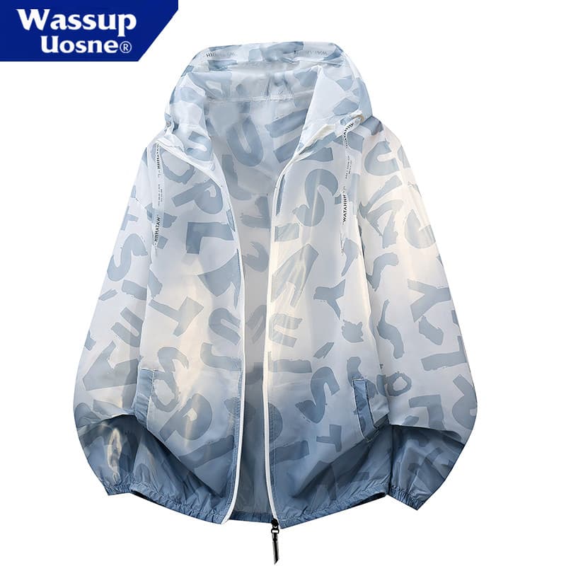 WASSUP Esportes ao ar livre com capuz protetor solar roupas masculinas verão leve respirável jaqueta carta impressa roup