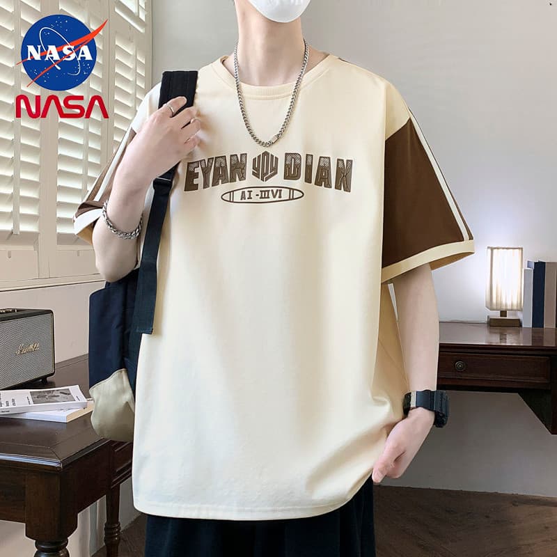 NASA Co-Branded Cor Sólida Camiseta de Manga Curta Masculina Verão Street Wear ins Ice Silk Fina Meia Manga t @