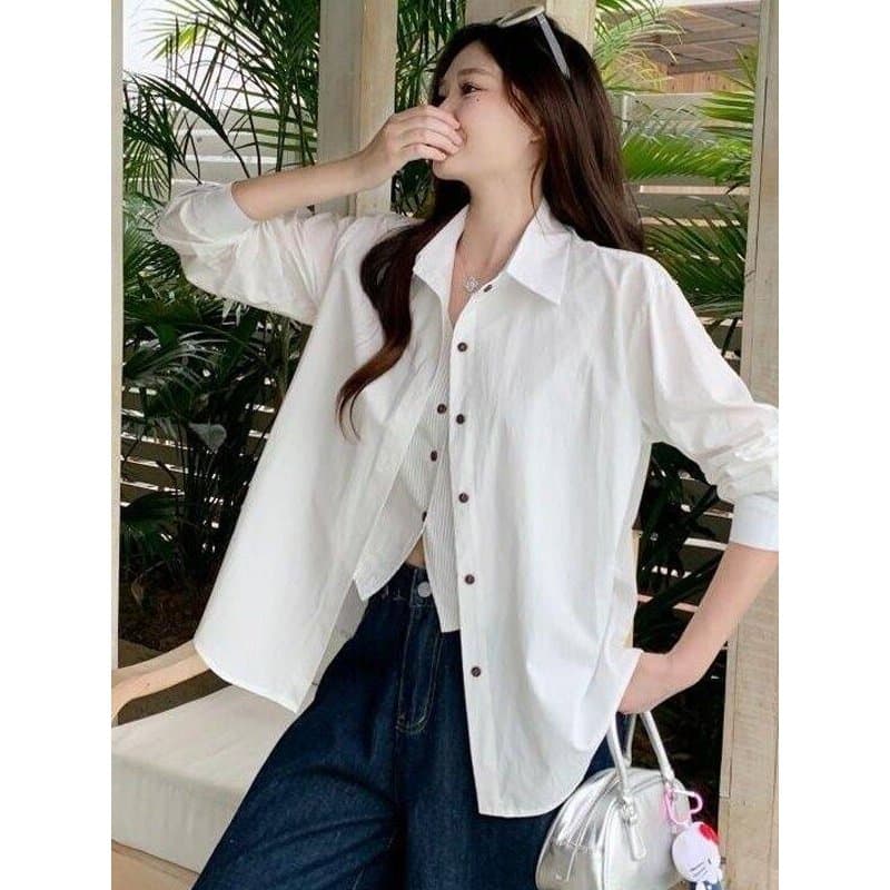 Tamanho grande gordura mm estilo coreano High-End camisa branca feminina primavera outono novo estilo cintura estreita m