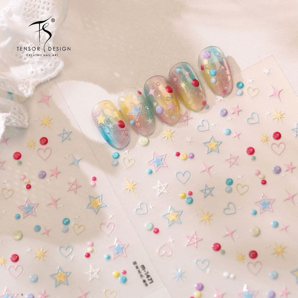 [Meow.Sensei] Adesivos de Unha de Verão em Cores Doces com Estrelas e Corações M-1471, Adesivos de Unha Transparentes Es