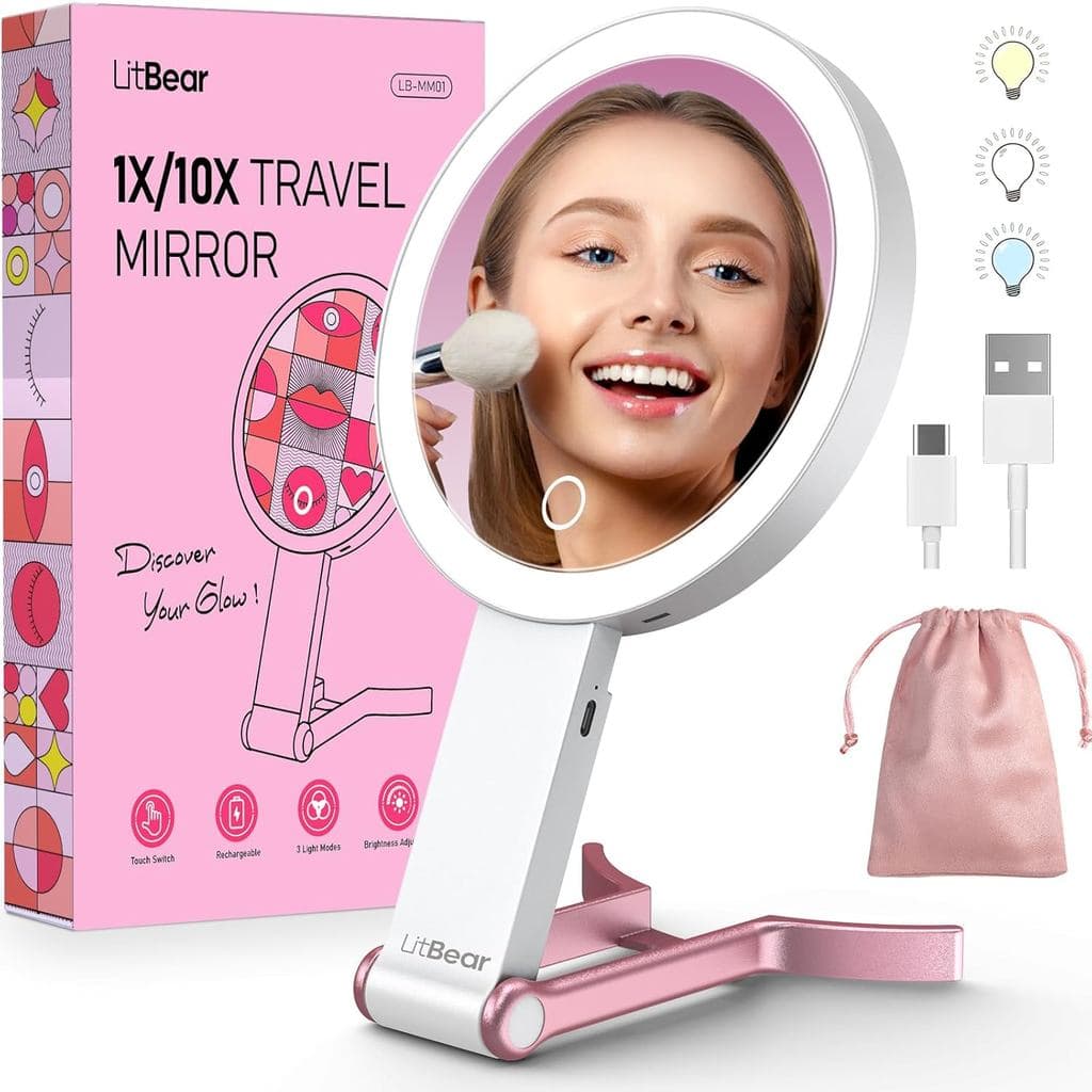 Espelho de Maquiagem Portátil LitBear com Luzes, Espelho de Aumento Dupla Face 10X/1X Recarregável, Espelho de Beleza Il