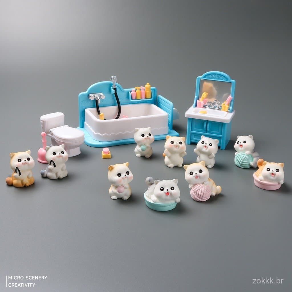 1 : 12 Simulação De Móveis Brinquedos De Banheiro Escala 1 : 6 Figura De Gato Mini Conjunto De Banho Em Miniatura Brinqu