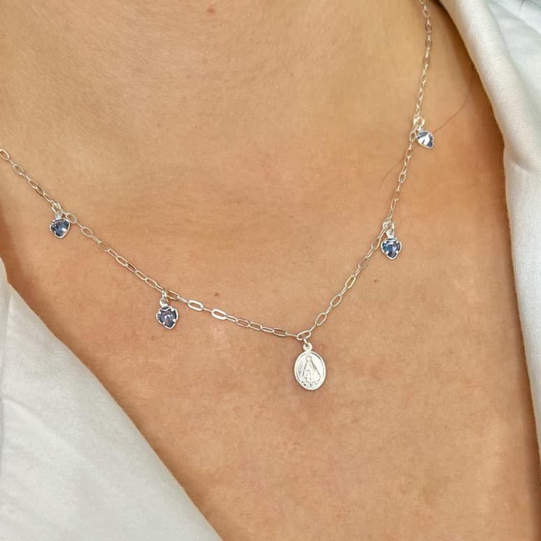 Colar Chocker Nossa Senhora Zirconia Azul Prata 925 ycllkxlvivivii