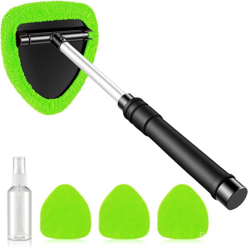 Ferramenta de Limpeza de Para-brisa de Carro com Cabo Extensível e 4 Almofadas de Microfibra, Frasco Pulverizador Verde