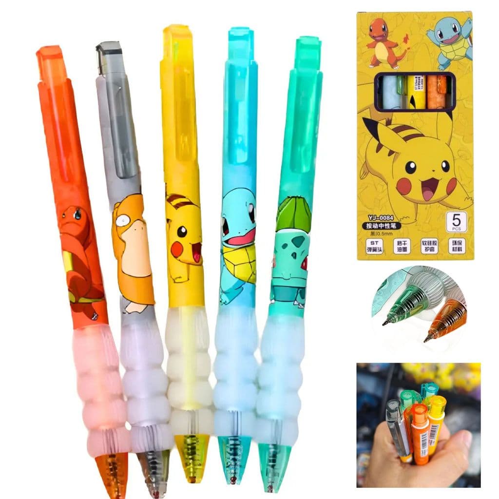Canetas Gel Pokémon Retrátil Kit 3 ou 5 Unidades 0,5mm