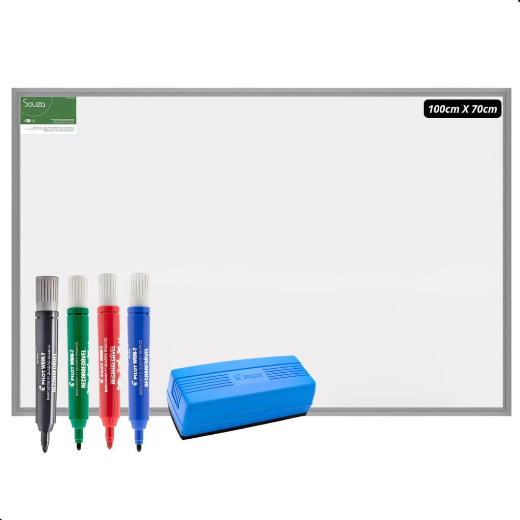 Lousa Quadro Branco 100x70cm Com Apagador + Marcadores Pilot Escola Escritório