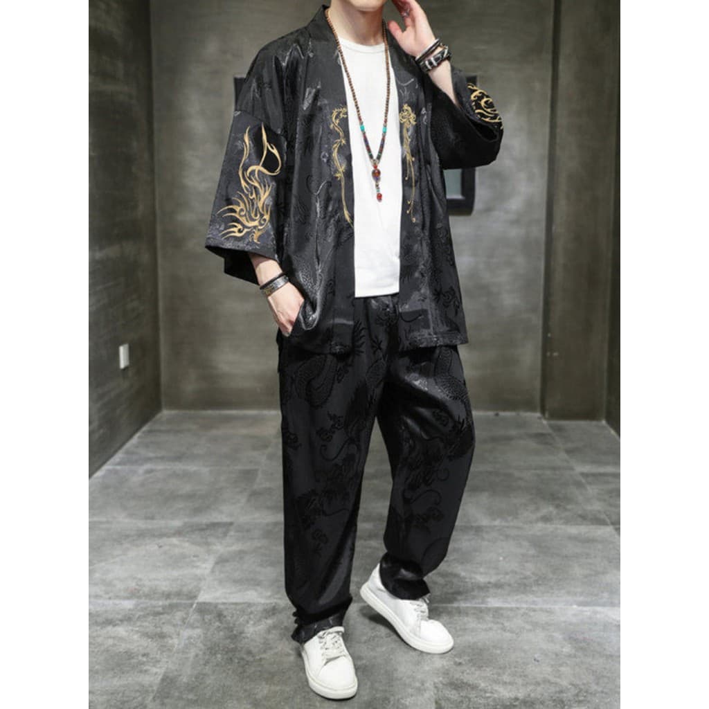 Roupas masculinas de verão estilo chinês Tang terno conjunto de duas peças de seda gelo camisa de manga curta Cardigan H