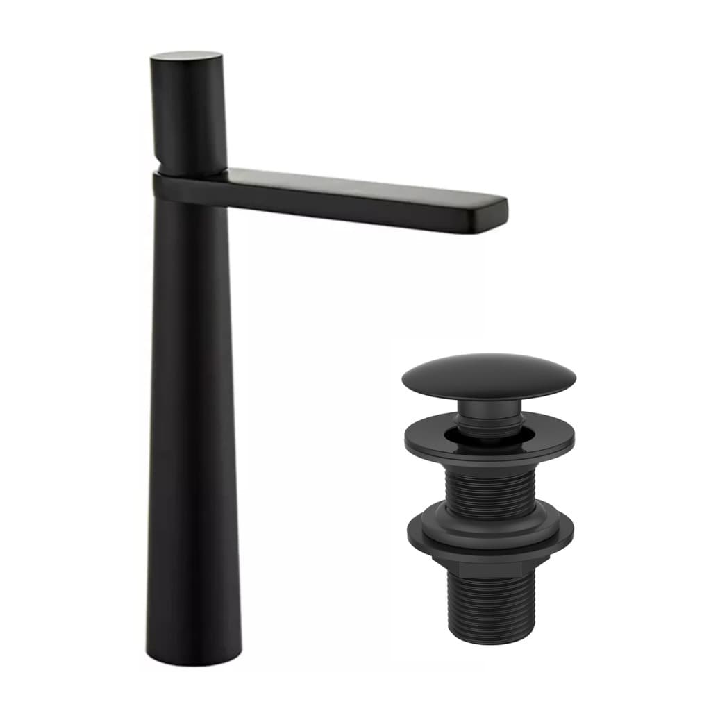 Torneira Monocomando de mesa para Banheiro Bica Alta Redonda Cone + Válvula Click para Cuba 7/8 Redonda Preto Fosco