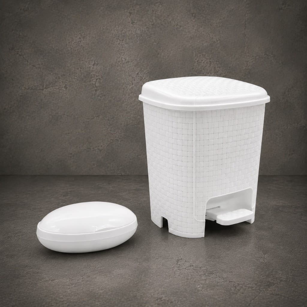 Kit Lixeira Banheiro com Pedal 6L + Porta Sabonete com Tampa Saboneteira Rattan Lavabo Organizador