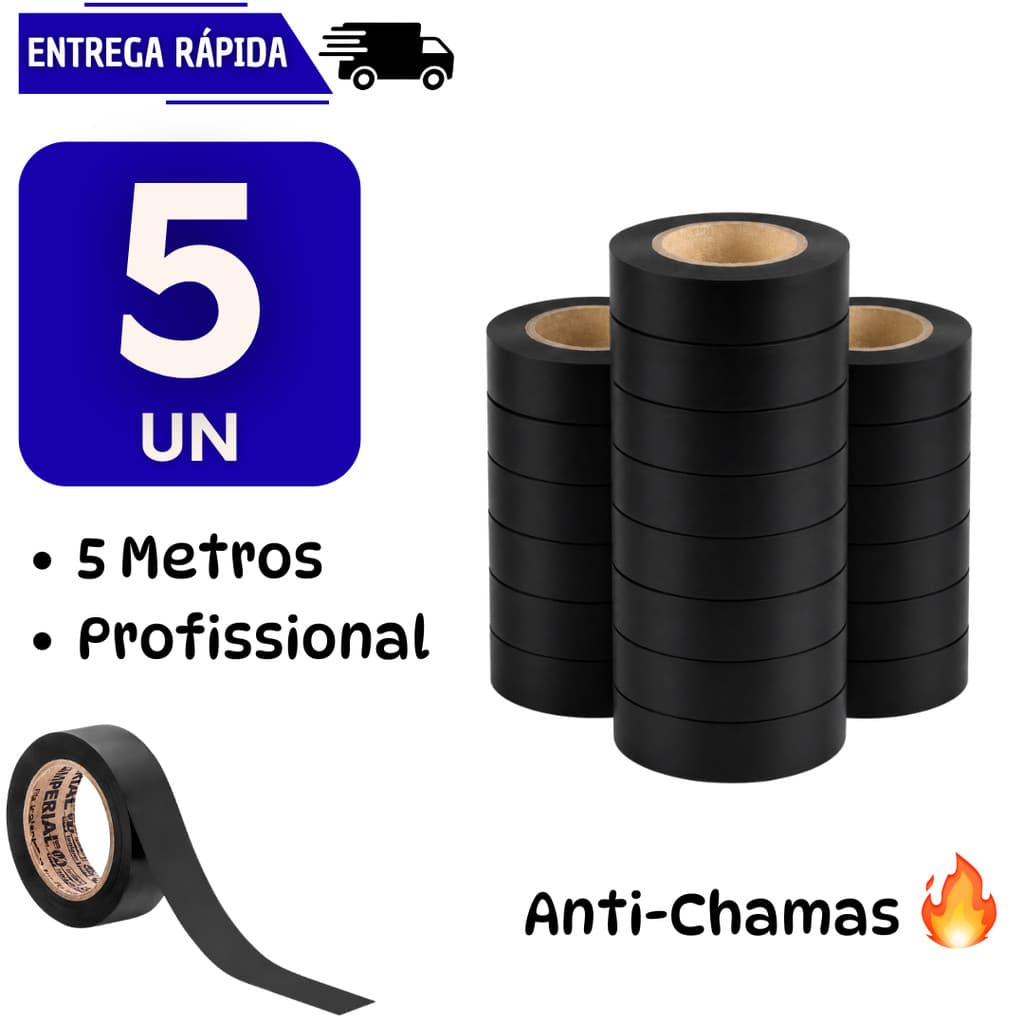5 Fita Isolante Preta 20 metros Antichama Instalações Elétricas Alta Resistência Uso Profissional Fitas