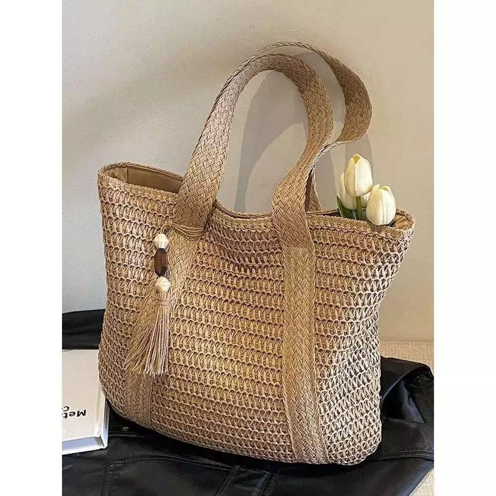 Bolsa De Palha Grande Verão De Ombro Com Chaveiro, Fechamento De Zíper