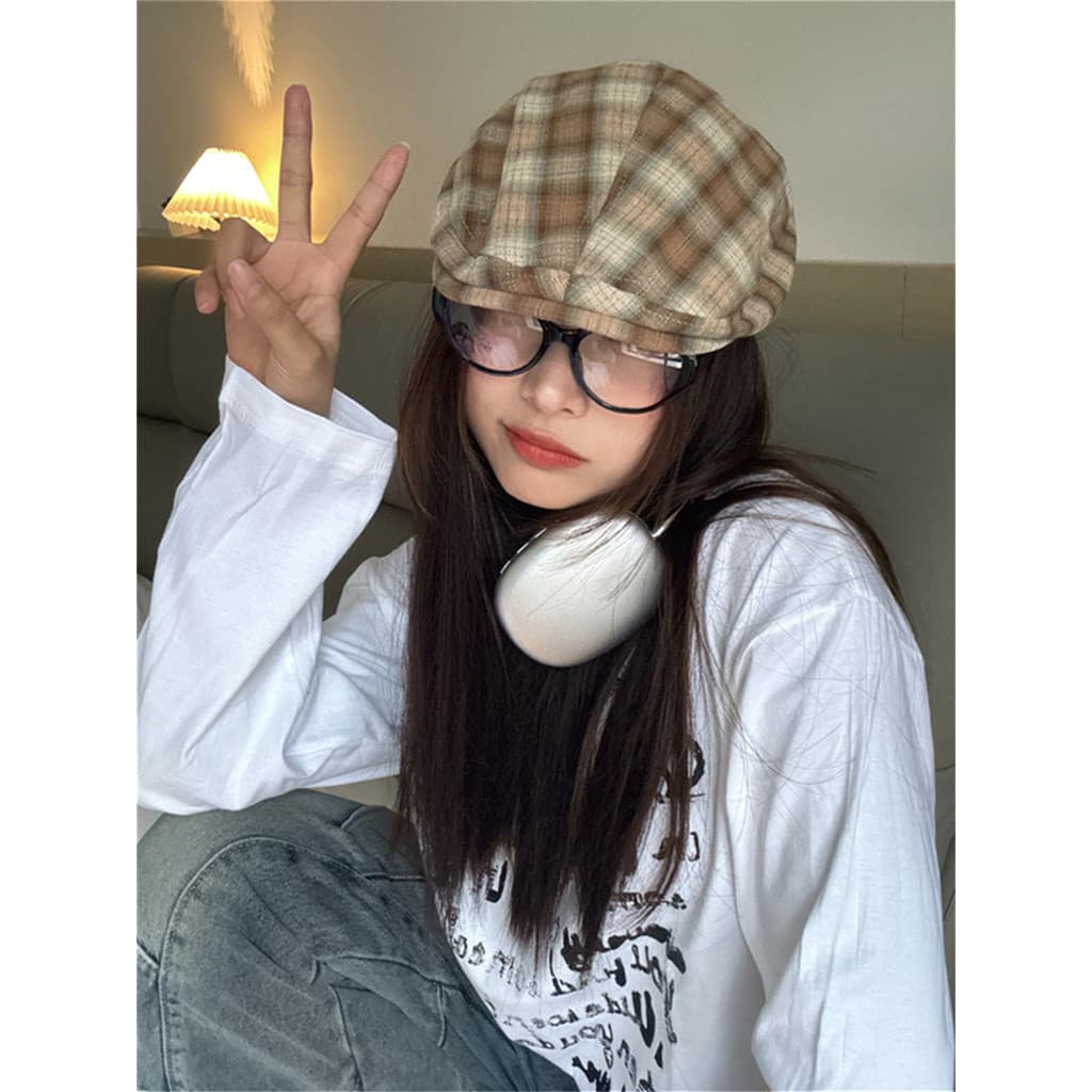 boné bone feminino Japonês Retro-primavera verão y2k xadrez pico para frente chapéu estilo Hong Kong rua rosto pequena