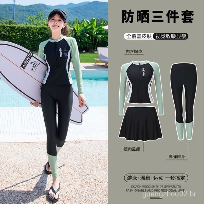 Maiô plus size para mulheres, novo design de duas peças com mangas compridas e calças compridas, com proteção solar, con