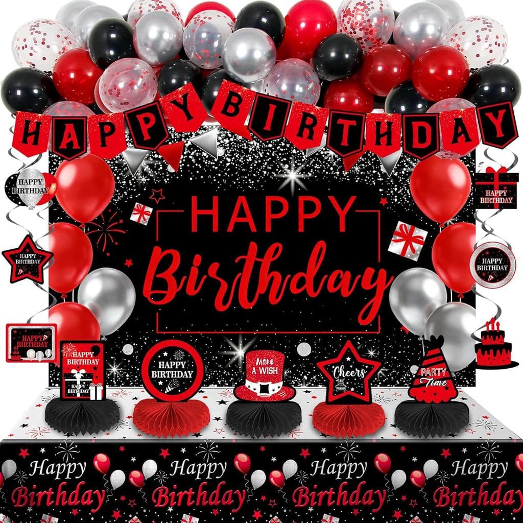 Decorações de Aniversário Pretas e Vermelhas para Homens, Mulheres, Meninos e Meninas, Decorações de Festa Pretas e Verm
