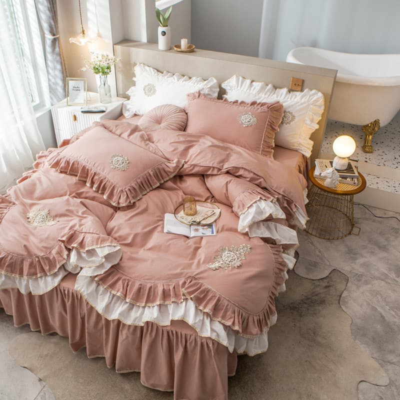 Algodão puro algodão estilo princesa menina coração cama conjunto de quatro peças saia colcha capa cor sólida babados in