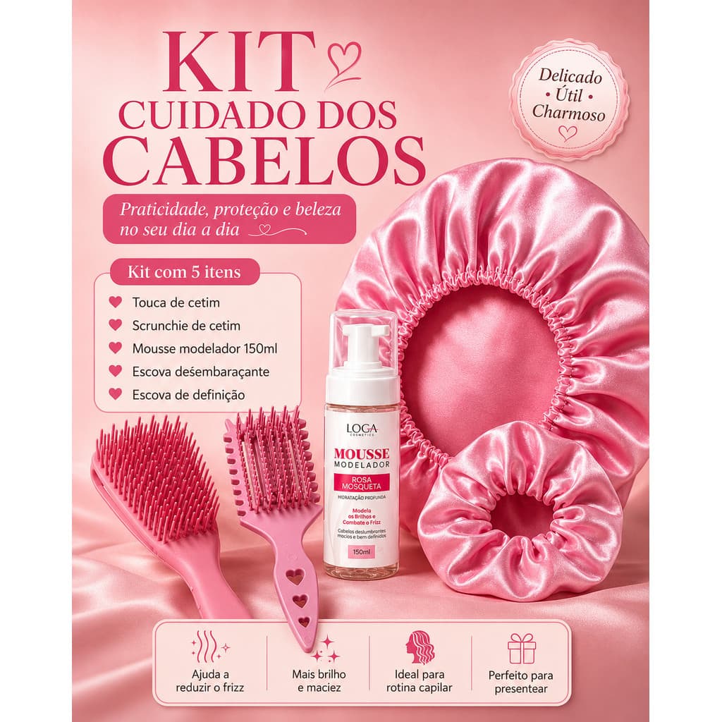 Kit Cuidado dos Cabelos 5 Itens com Touca, Scrunchie, Mousse e Escovas Rosa