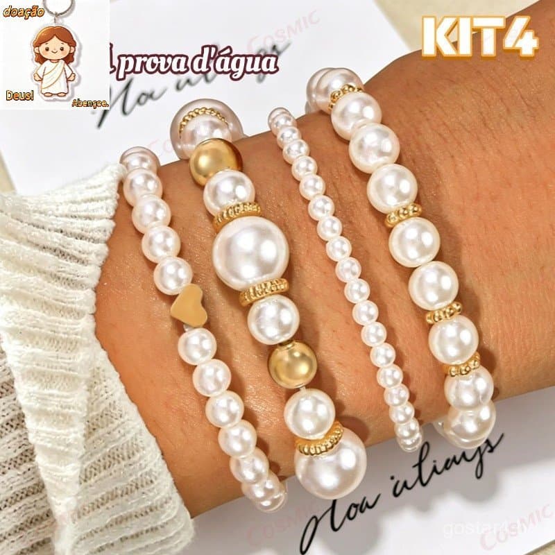 Conjunto de Pulseiras de Pérolas Femininas da Love Fashion Series - Quatro Peças, Elegante, Sofisticado e com Estilo-CO