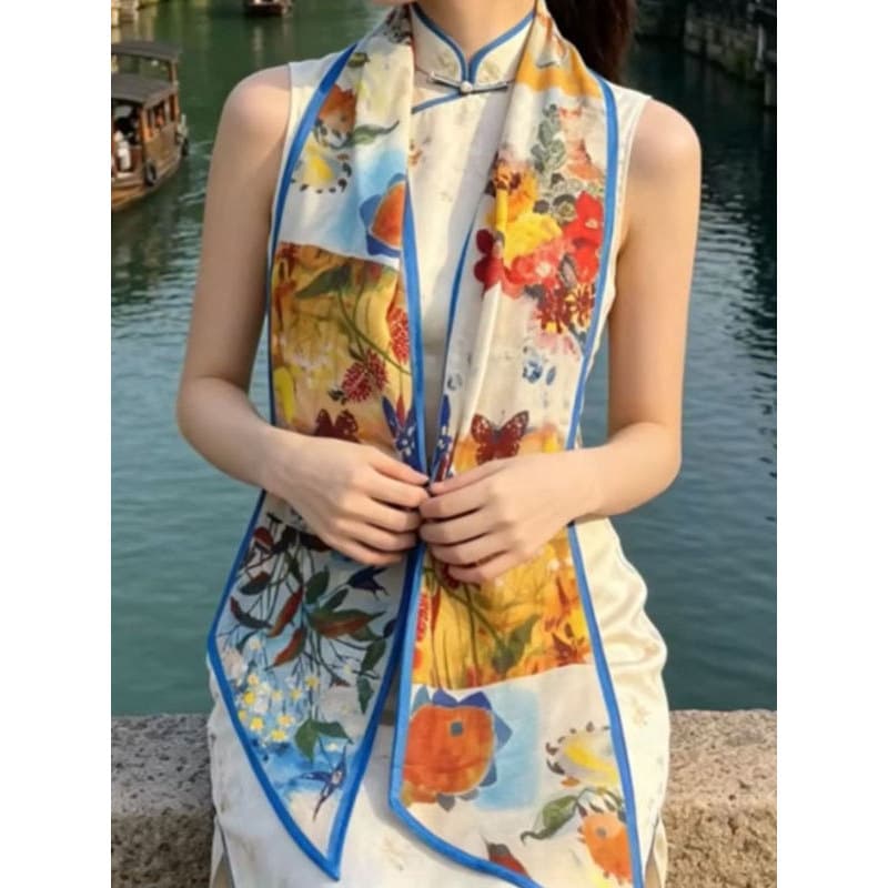 Klein azul George fio 165*20 fita chanfrada feminino longo cachecol lenço pescoço suporte cinto lenço de seda