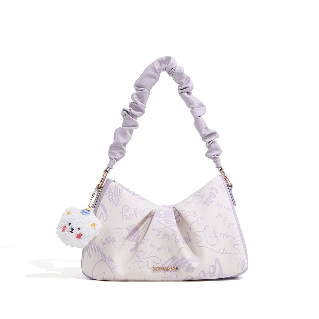 Bolsa plissada com estampa de grafite roxa, bolsa de ombro, bolsa de mão