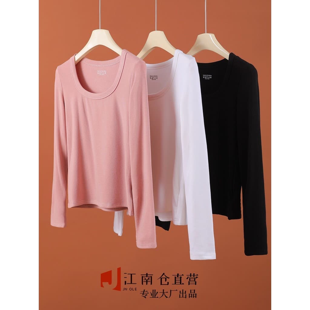 Armazém Jiangnan! [Alto custo-benefício] especial ~ gola quadrada manga comprida camiseta feminina Slim Fit Look mais fi