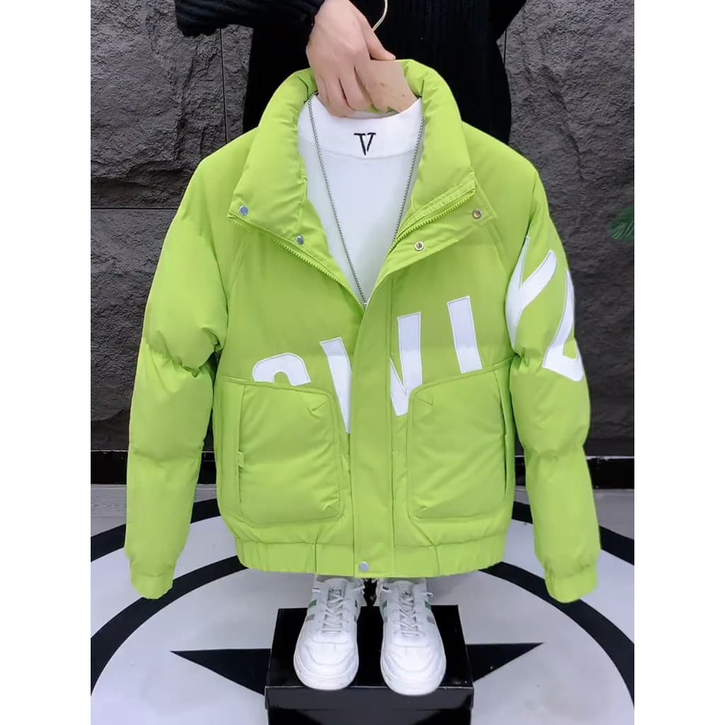 Jaqueta acolchoada de inverno masculina estilo curto 2025 novo estilo tendência da moda jaqueta acolchoada carta espessa