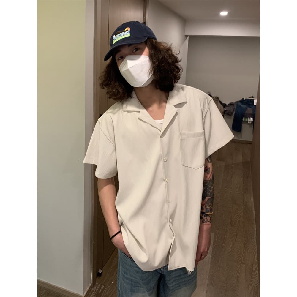 Americano Retro pequeno forro fino Pit Strip camisa de manga curta masculina gola cubana cor sólida All-Match camisa cas