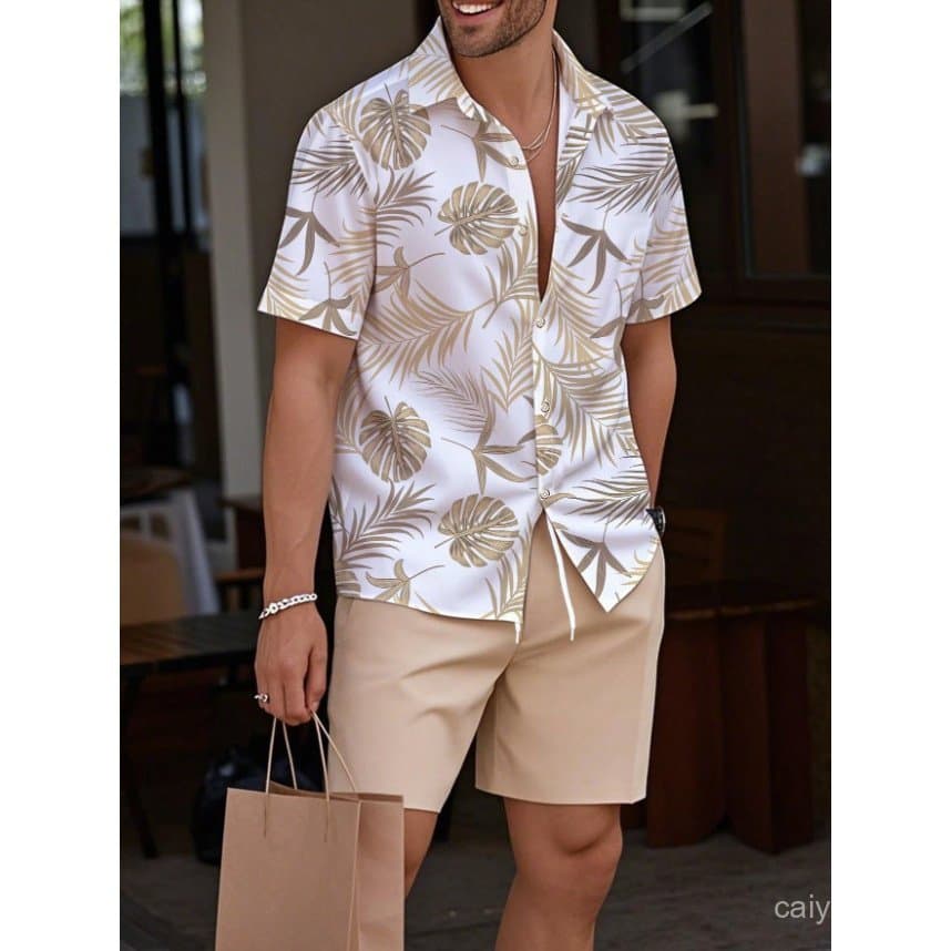 Conjunto Casual Masculino com Camisa de Manga Curta e Shorts com Estampa de Palmeira FK7I