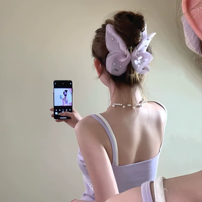 Novo Tule Borboleta premium Cocar hairpin Feminino Francês retro Simples Malha Cor Sólida super Fada grab clip