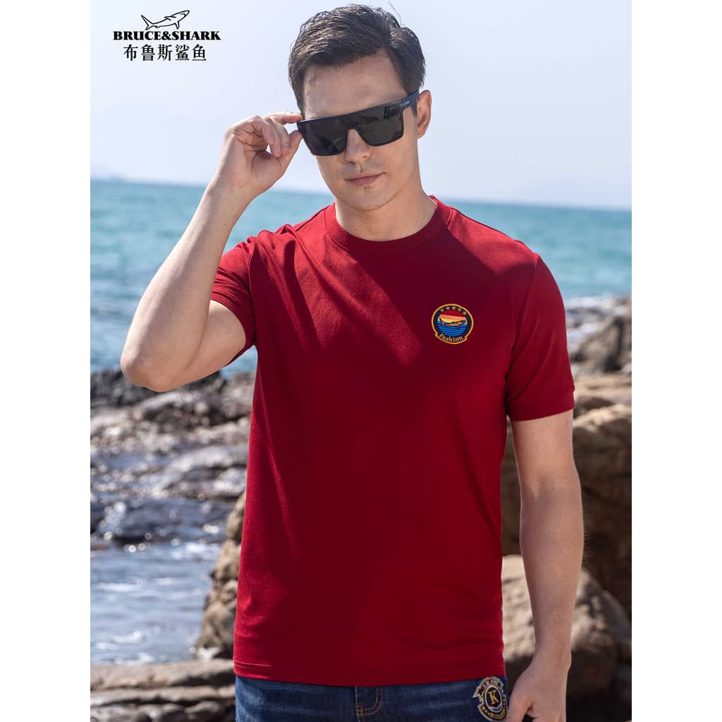 2025 verão novo estilo mercerizado algodão camiseta masculina tamanho grande de manga curta Bruce Shark Street Wear masc