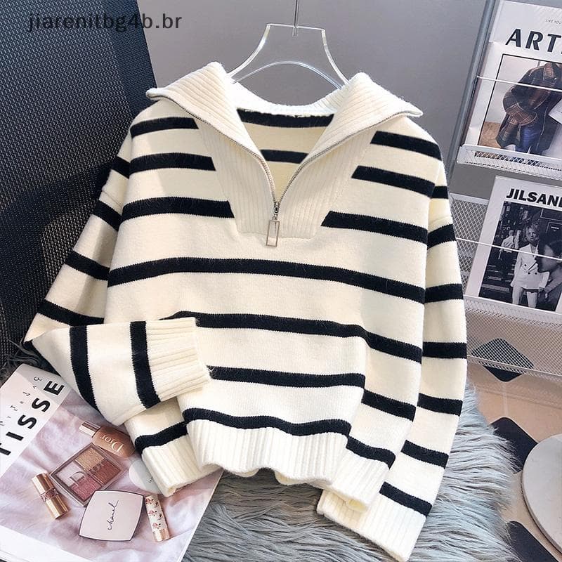 JIARN Outono Inverno Moda Listrado Com Zíper Lapela Manga Longa Solta Casual Suéter De Malha Para Mulheres .