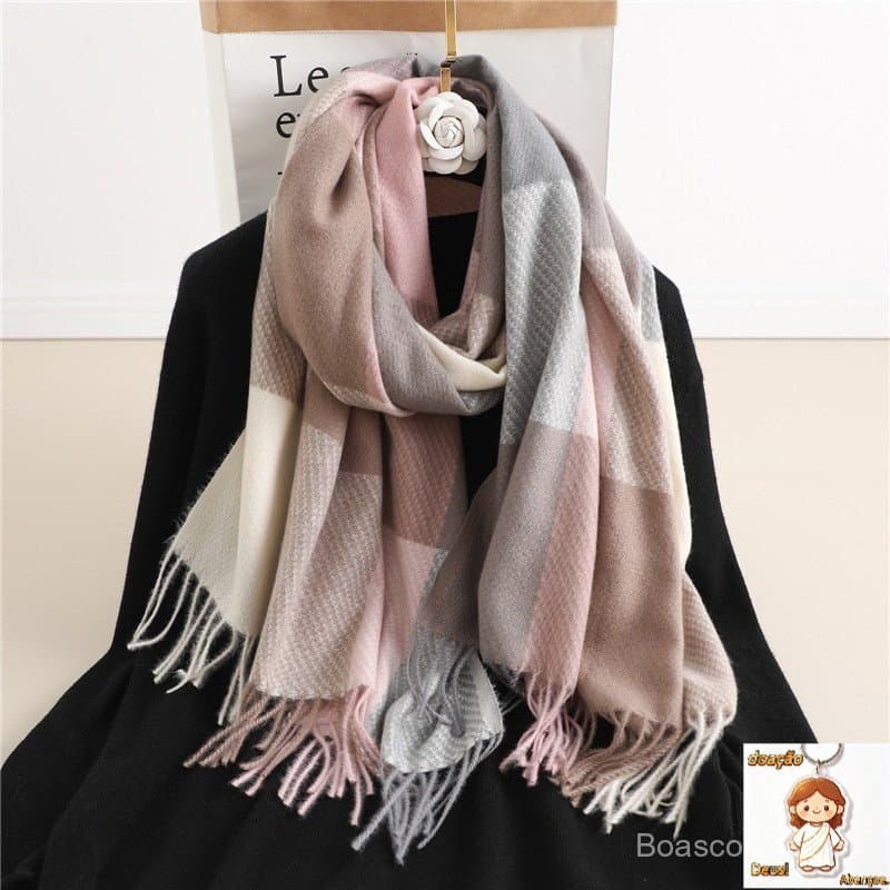Luxuoso Cachecol Xadrez Inverno Quente Longo de Cashmere Feminino Cachecol Feminino com Franjas Xaile Cachecol