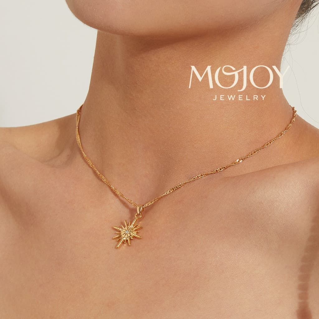 Colar de Sol em Ouro 18K MOJOY, Corrente Simples com Estrela de Diamante, Joia de Férias para Mulheres, Presente MEDJ
